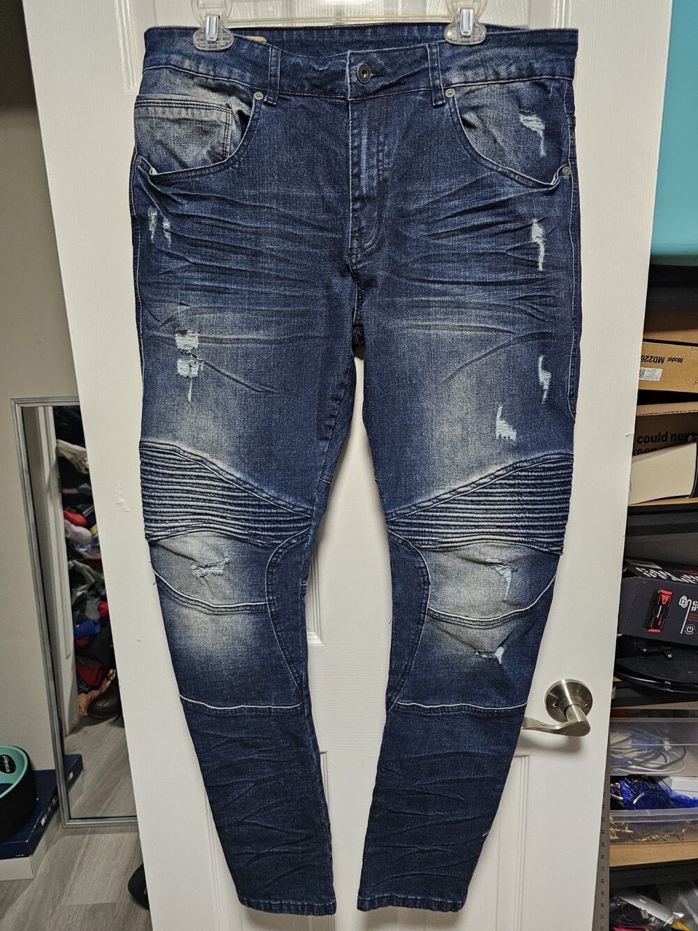 SMOKE RISE Ripped Moto Biker Denim Jeans Mens Stretch Blue Sz 38x34